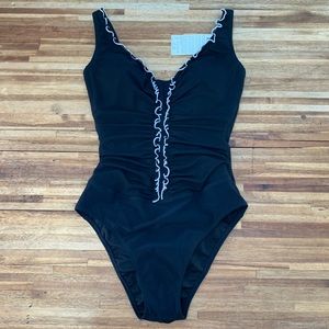 Profile by Gottex Ruffle Trim V-neck Soft Cup Bra Swimsuit, Black & White US 10